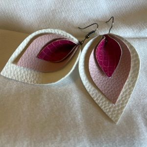 Petal Style Leather Pink White Earrings